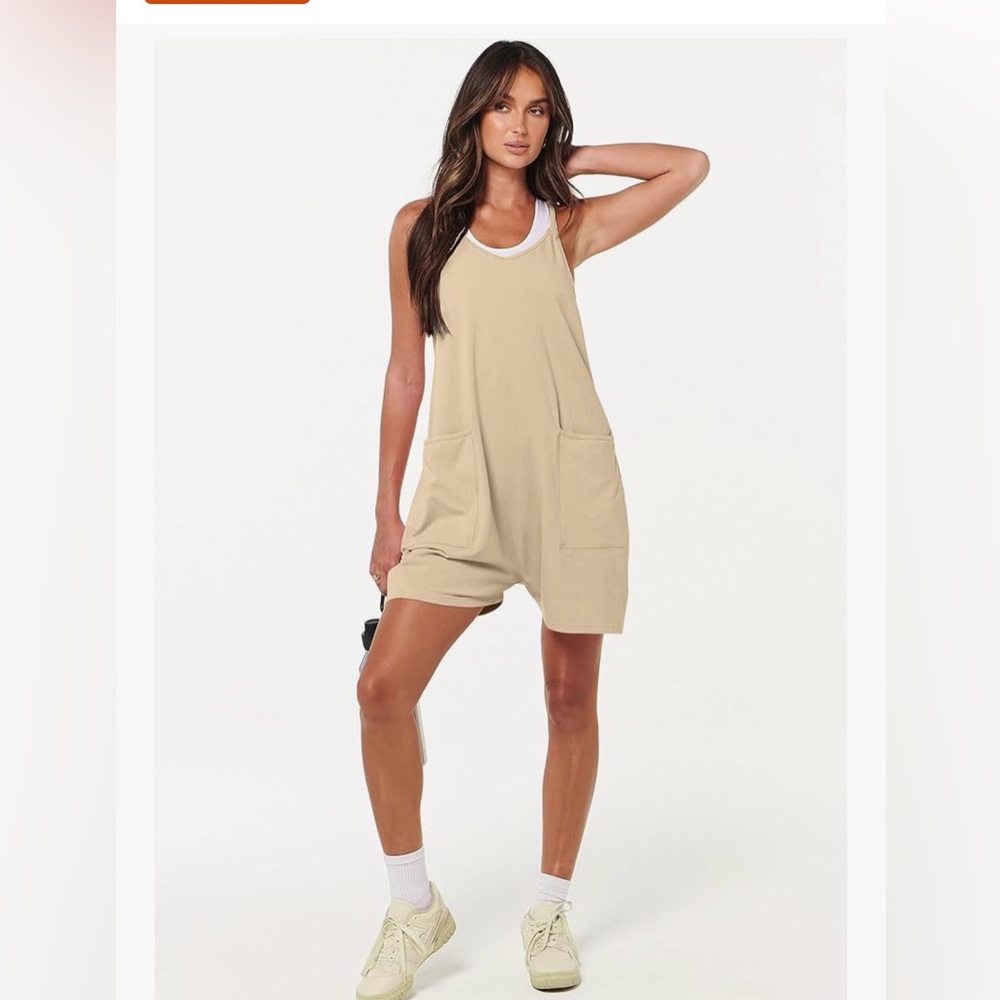 Tan Sleeveless Romper with Pockets